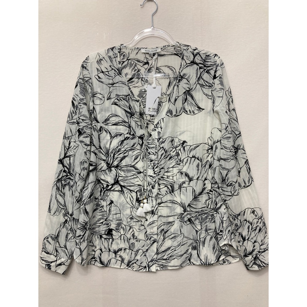 New Rose + Olive Floral Blouse XL White Black Tassel Long Sleeve Button Down